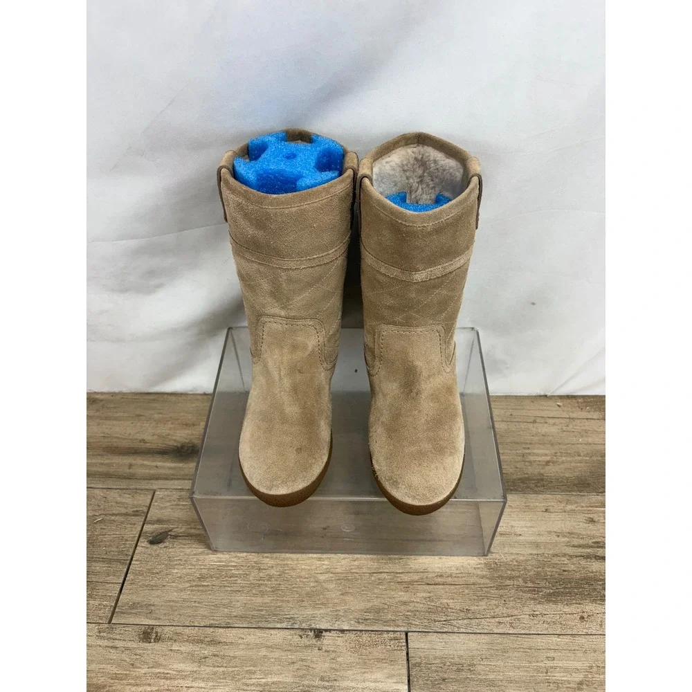 Tory Burch Womens Tan Suede Quilted Shearling Lined Mid Calf Boots 6M 31597